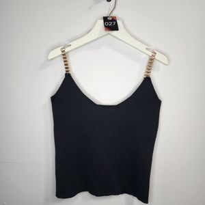 027 black Knit crop top with gold chain straps